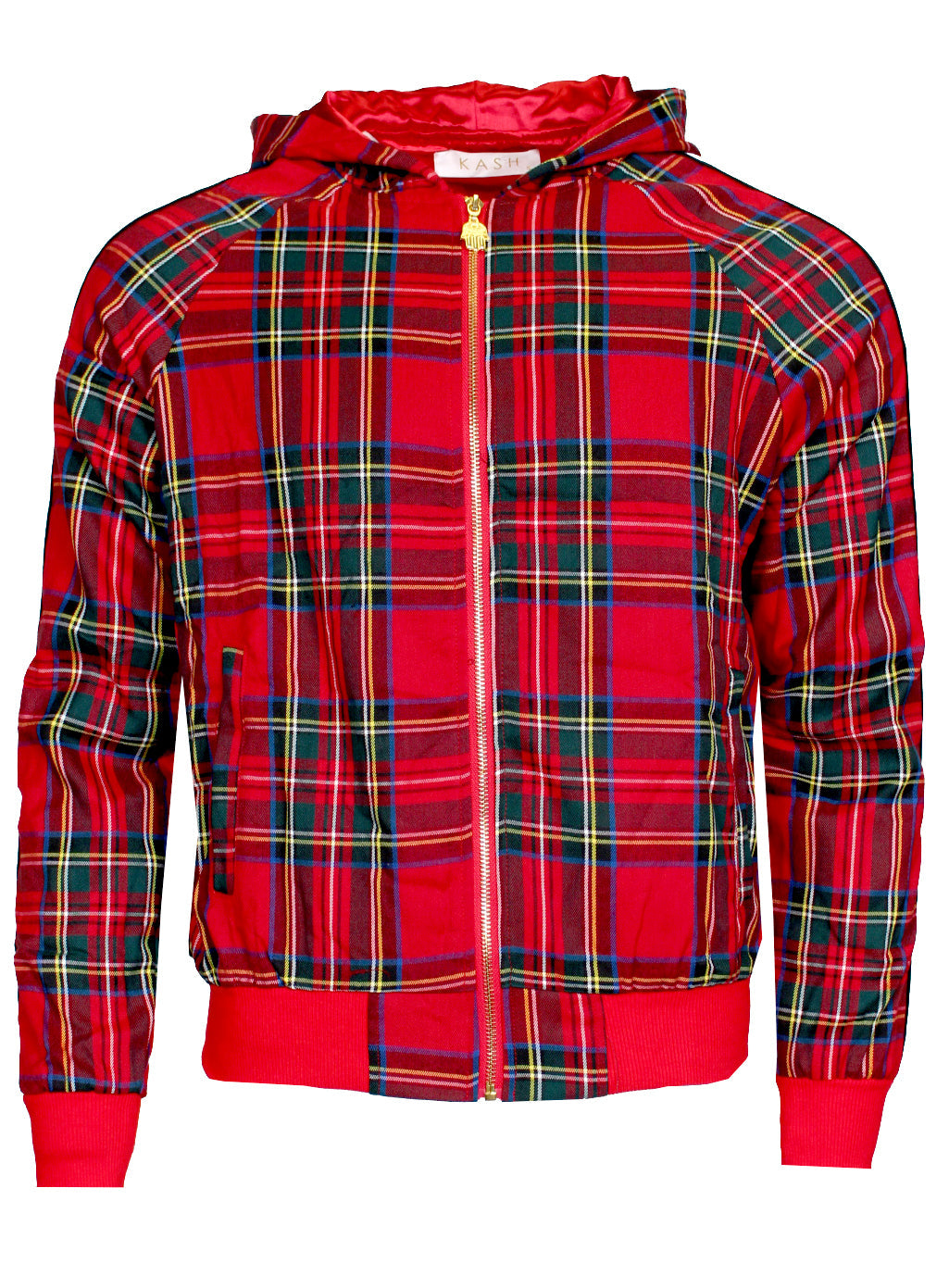 Men's Long Sleeve Plaid Track Jacket with Red and Black Stripes-Red