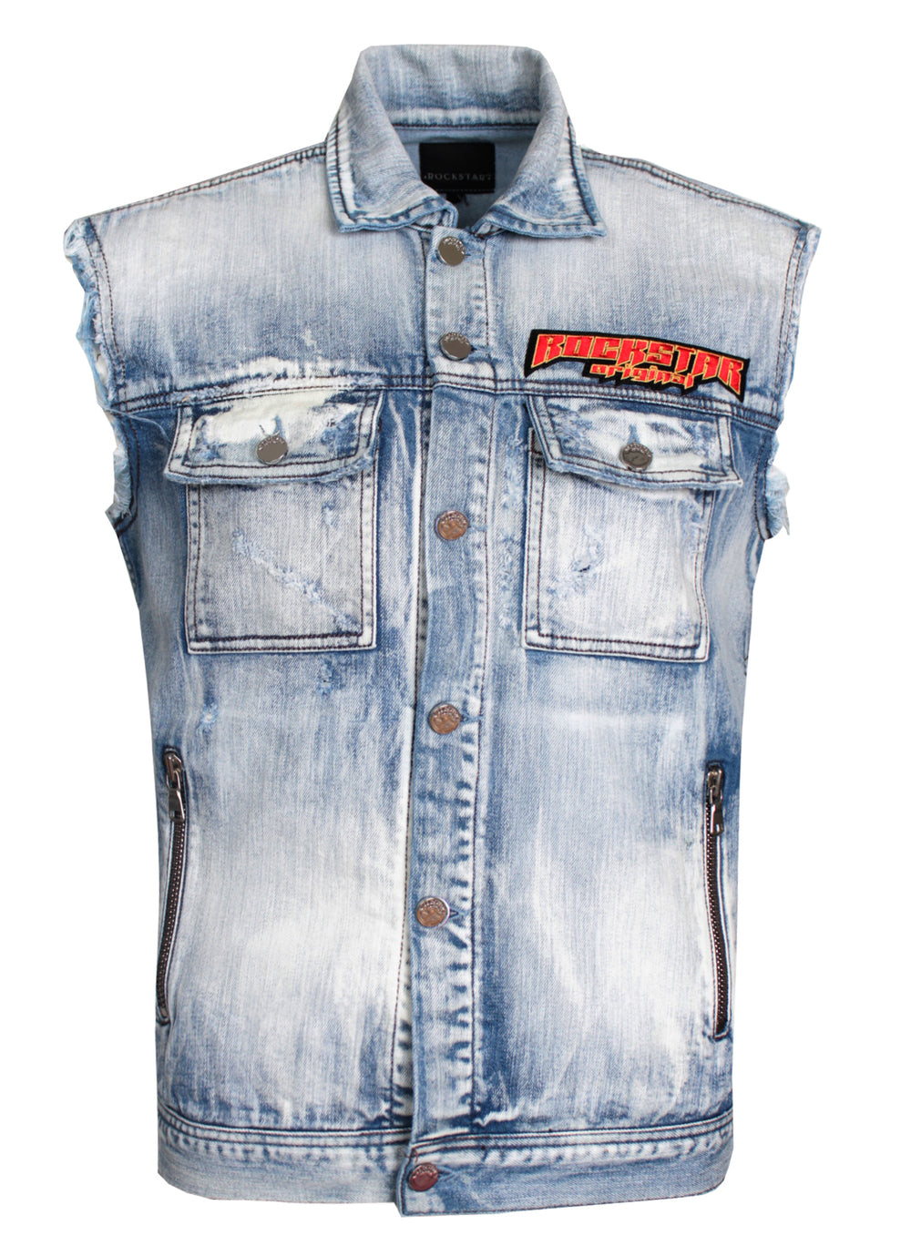 Rockstar Archie Denim Biker Vest in blue denim – view 1 of 3