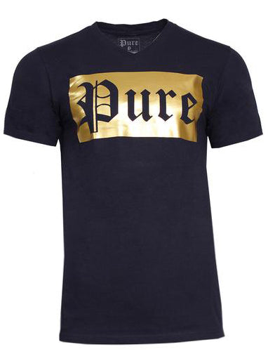 Pure Block Logo Tee in navy blue with gold logo – view 1 of 1
