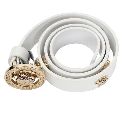 Girls Leather Belt with Gold Medusa Studs-White