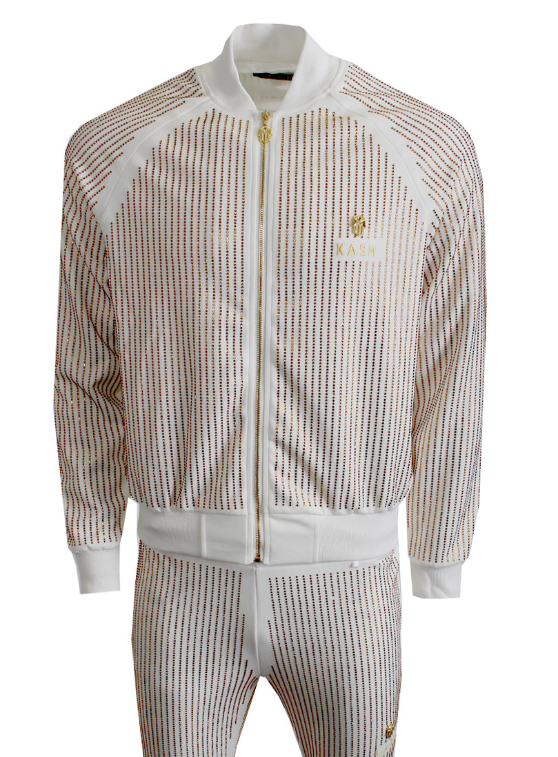 Men's Long Sleeve Gold Crystals Jacket-White/Gold