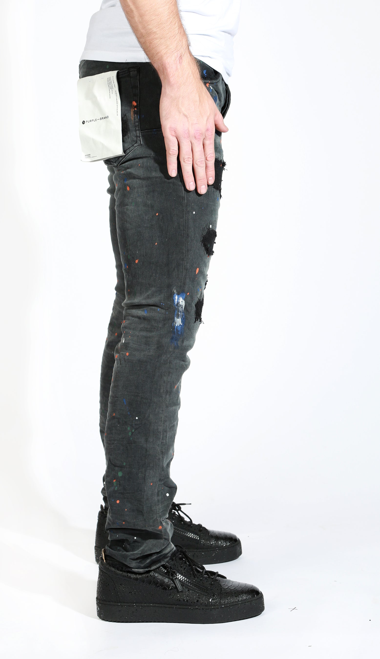 Purple Brand P001 Jeans in black paint repair – view 3 of 5