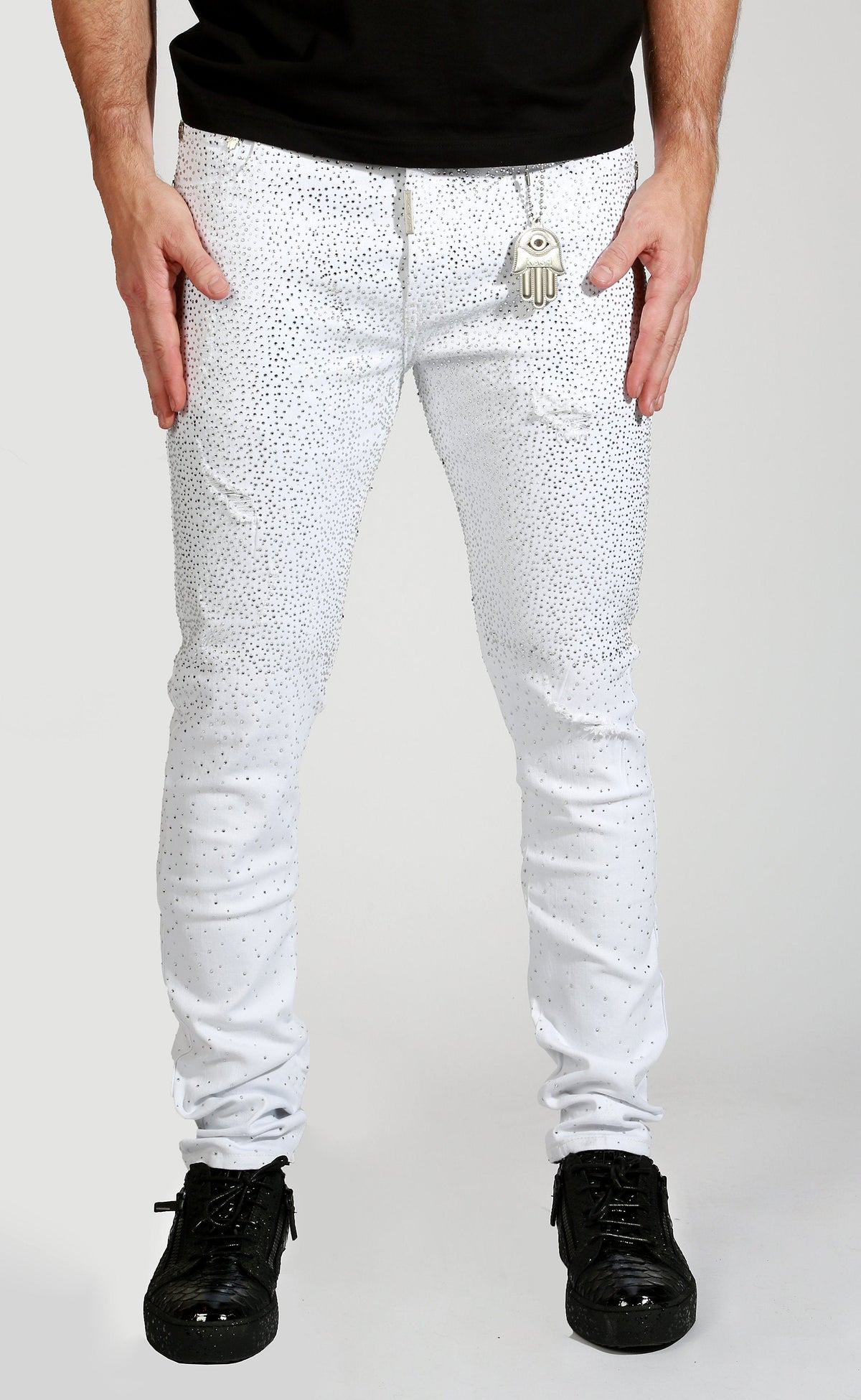 Kash Slim Fit White Denim W/Clear Crystals