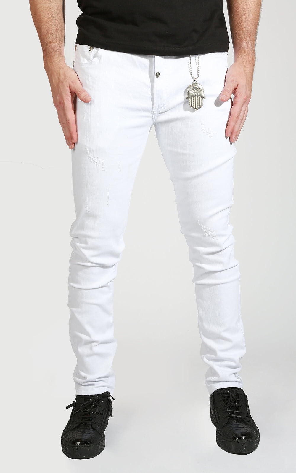Men's White Kash Denim, slim low-rise white jeans with Hamsa fob – view 1 of 3