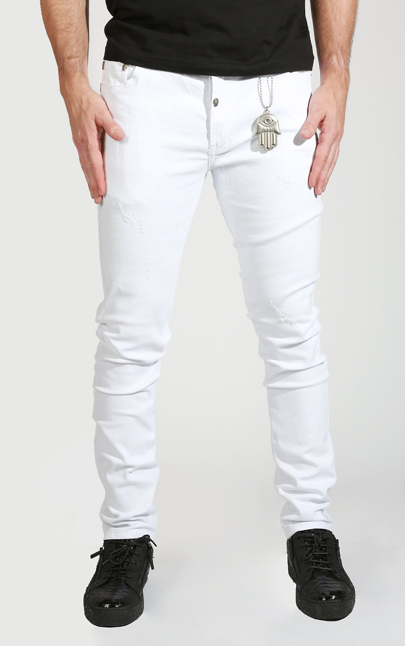Men's White Kash Denim, slim low-rise white jeans with Hamsa fob – view 1 of 3