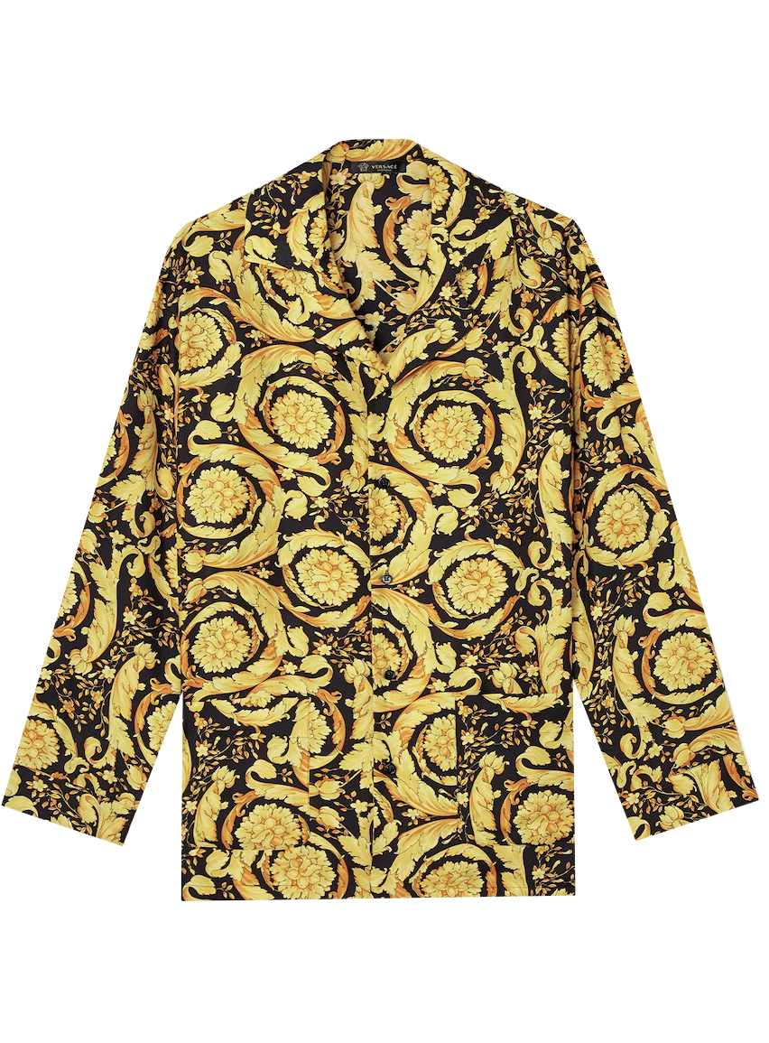 Versace Silk Button Down W/ Baroque Print - Black & Gold