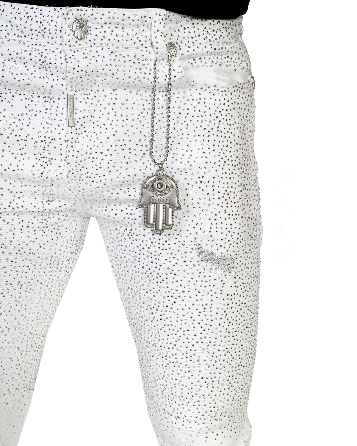 Kash Slim Fit White Denim W/Clear Crystals