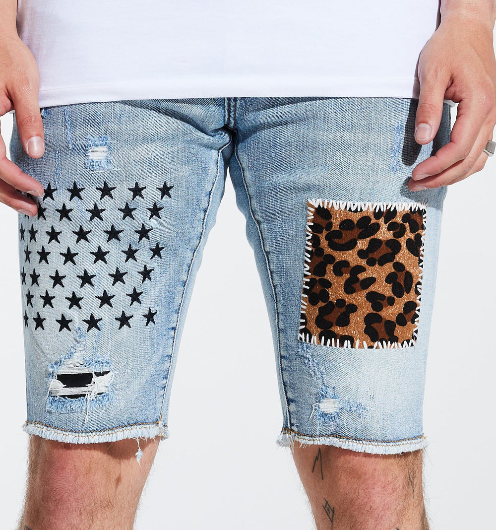 Embellish Summit patchwork denim shorts in blue – view 1 of 4