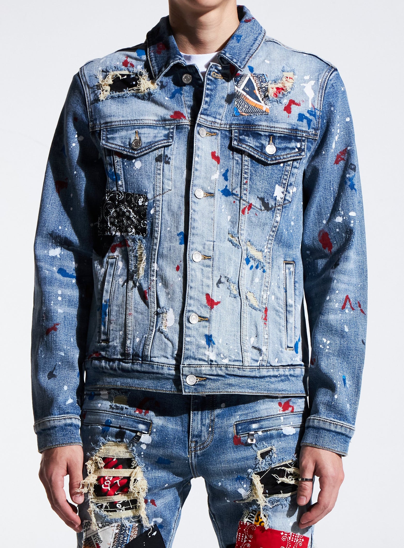 Embellish Rebel Denim Jacket in blue patchwork – view 1 of 2