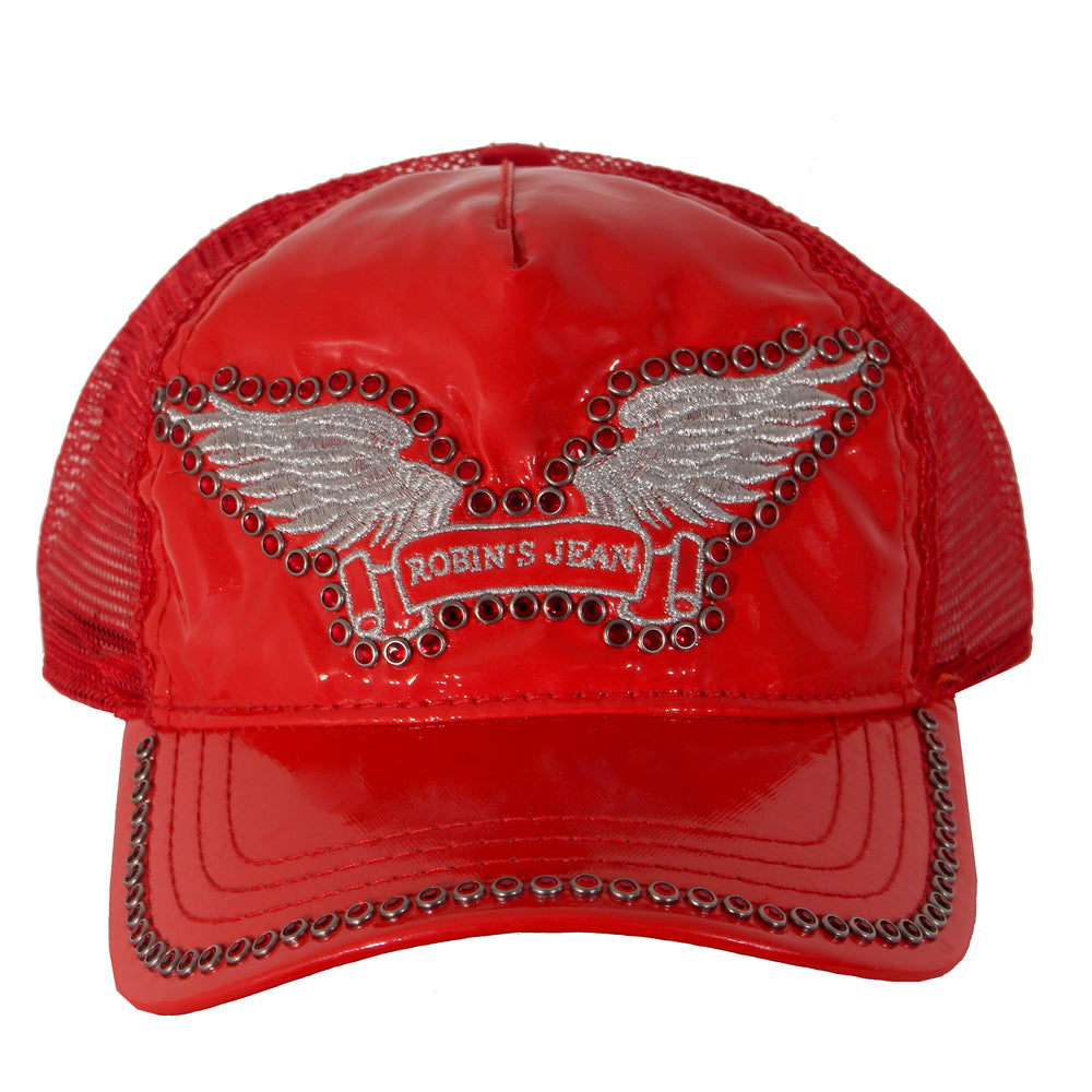 Robin's Jean Patent Leather Trucker Cap with Red and Black Crystals