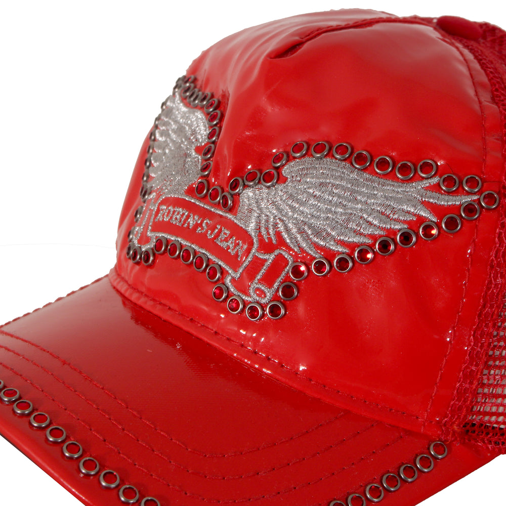 Robin's Jean Patent Leather Trucker Cap with Red and Black Crystals