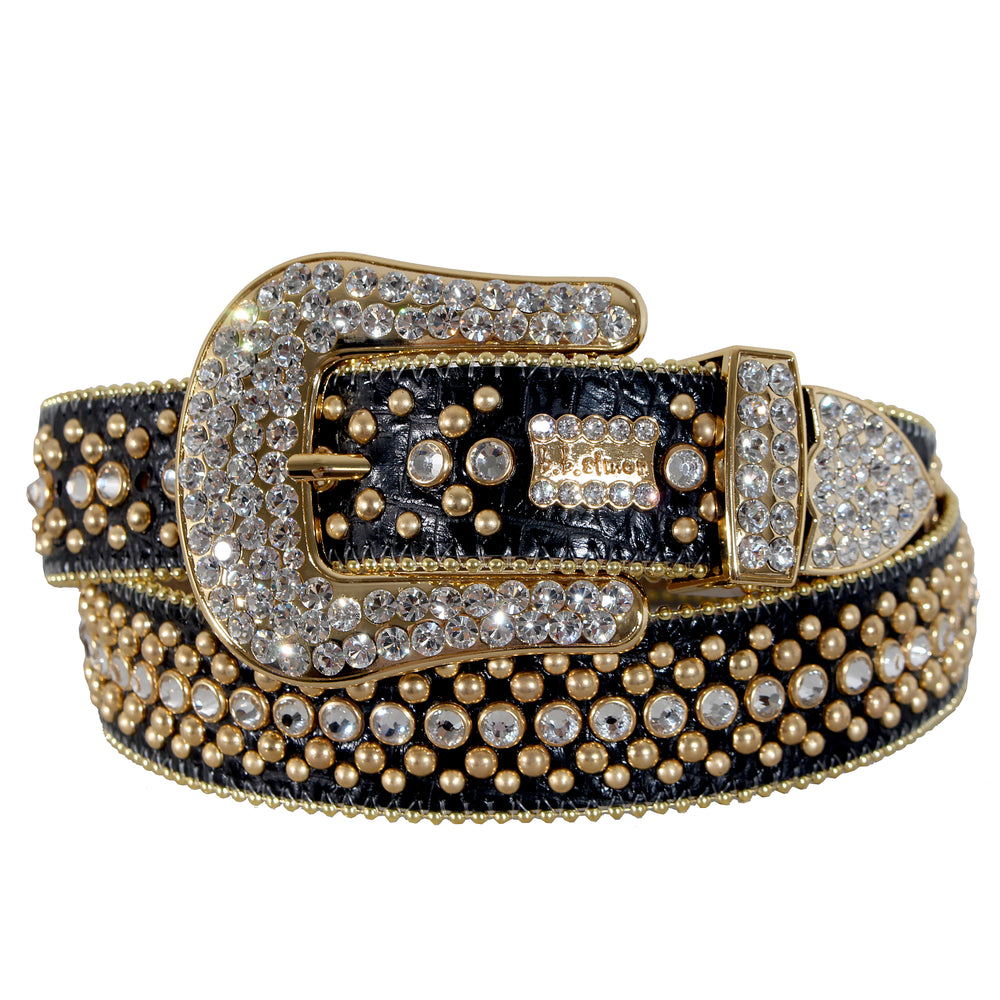 B.B. Simon Black Leather Belt with Gold Studs and Clear Single Row in black and gold – view 1 of 2