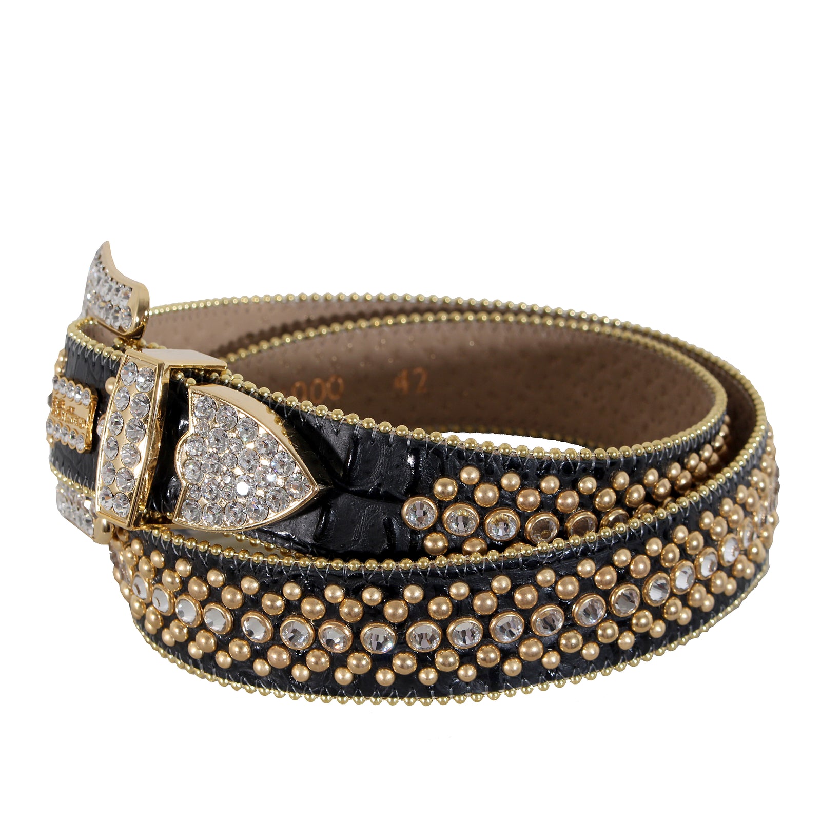 B.B. Simon Black Leather Belt with Gold Studs and Clear Single Row in black and gold – view 2 of 2