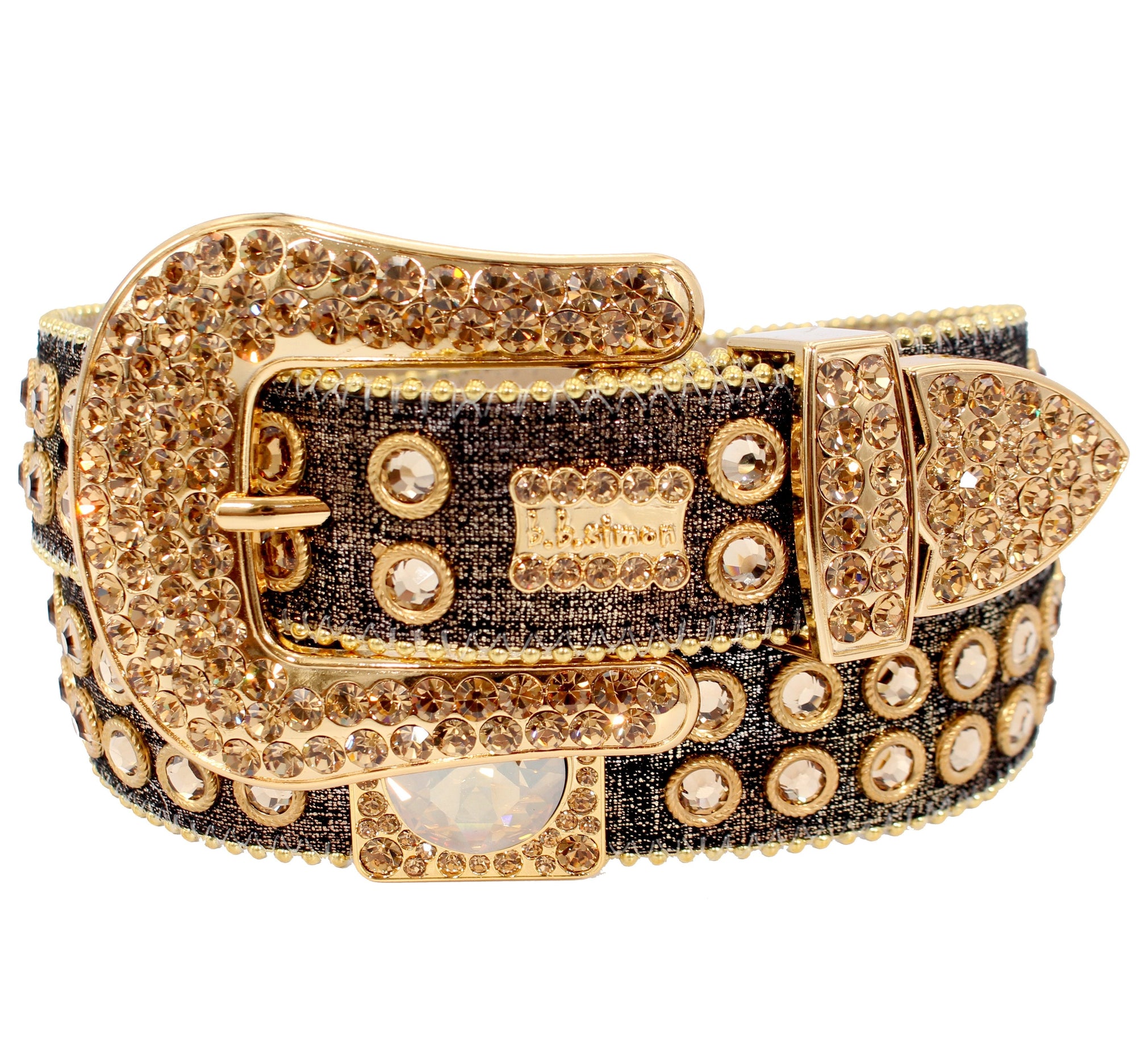 Brown Glitter B.B. Simon Belt With Gold Crystals