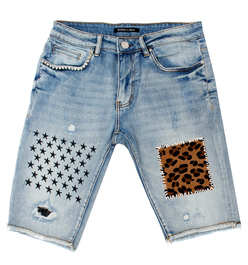 Embellish Summit patchwork denim shorts in blue – view 3 of 4