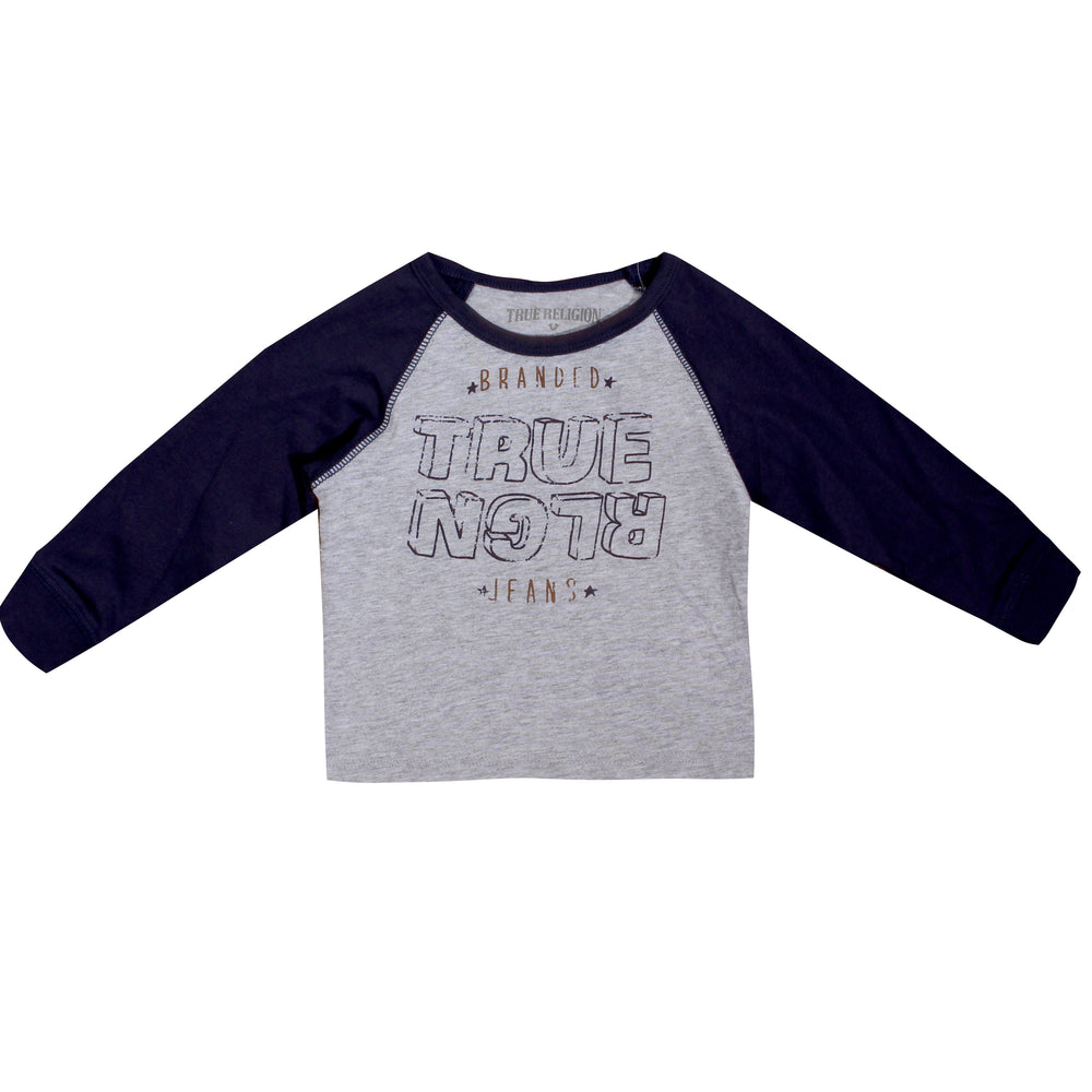 True Religion Kids Long Sleeve Grey Tee with Navy Sleeves in grey and navy – view 1 of 2