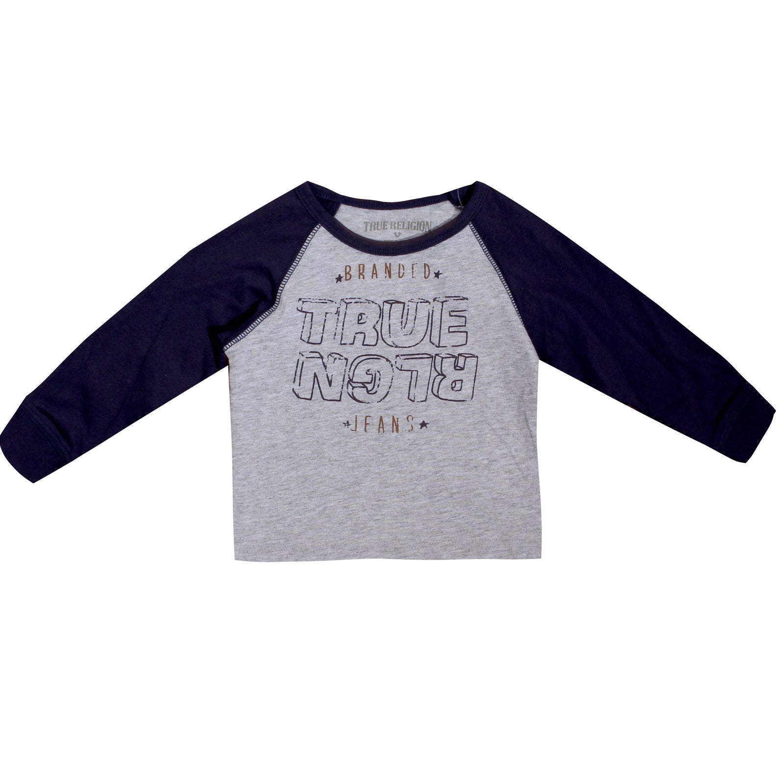 True Religion Kids Long Sleeve Grey Tee with Navy Sleeves in grey and navy – view 1 of 2