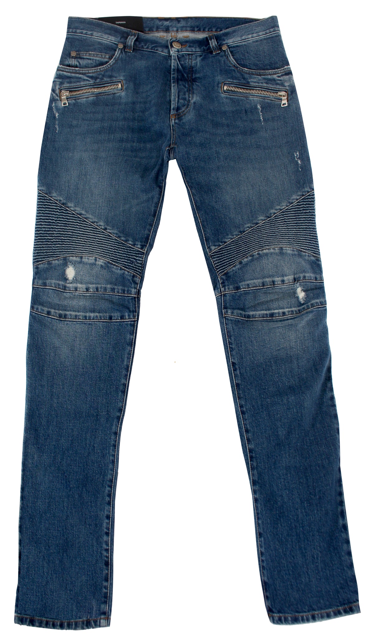 Ribbed Tapered Biker Jeans - Blue