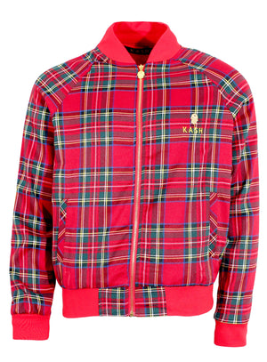 Red Plaid Track Jacket with No Stripes & Embroidered 'KASH' on Chest