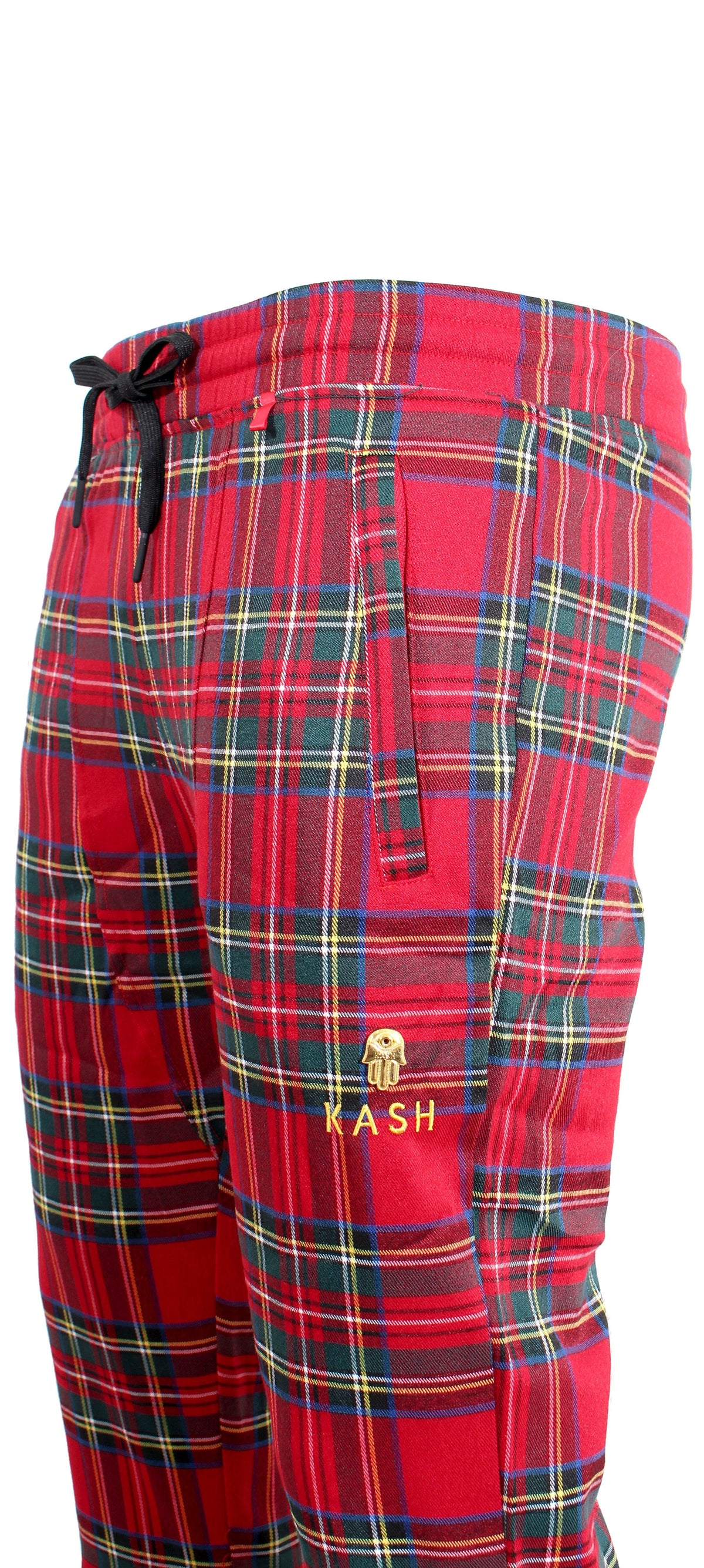 Red Plaid Track Pants with No Stripes &amp; Embroidered &#39;KASH&#39; on Thigh
