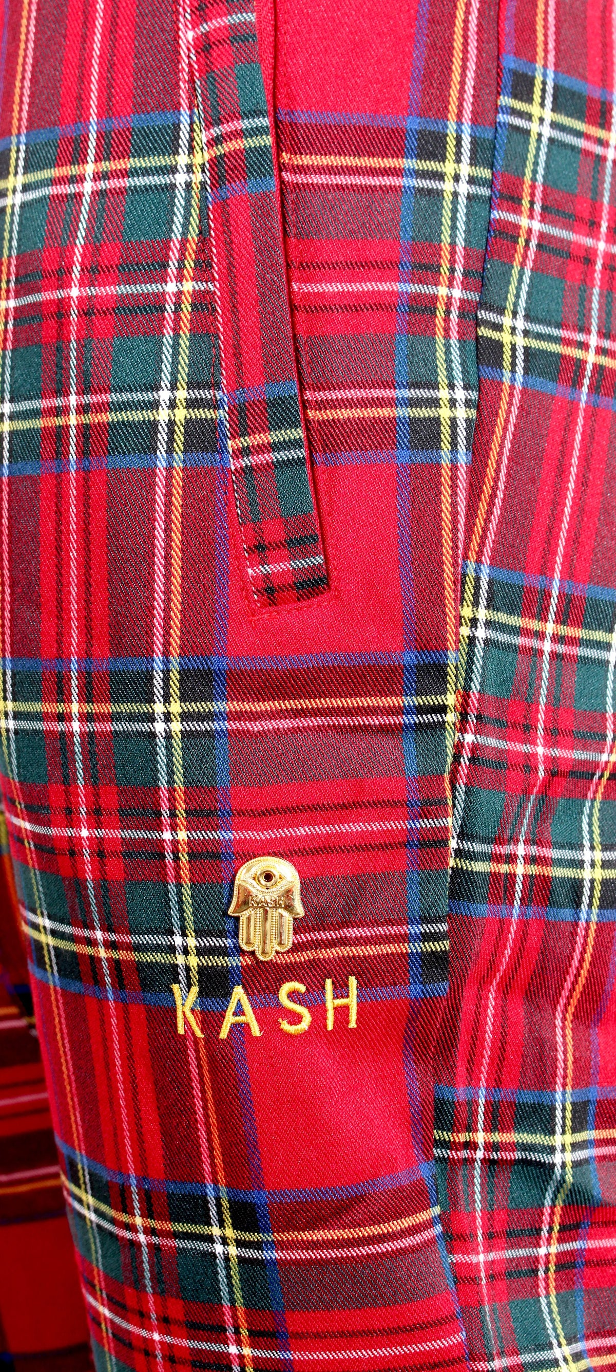 Red Plaid Track Pants with No Stripes &amp; Embroidered &#39;KASH&#39; on Thigh