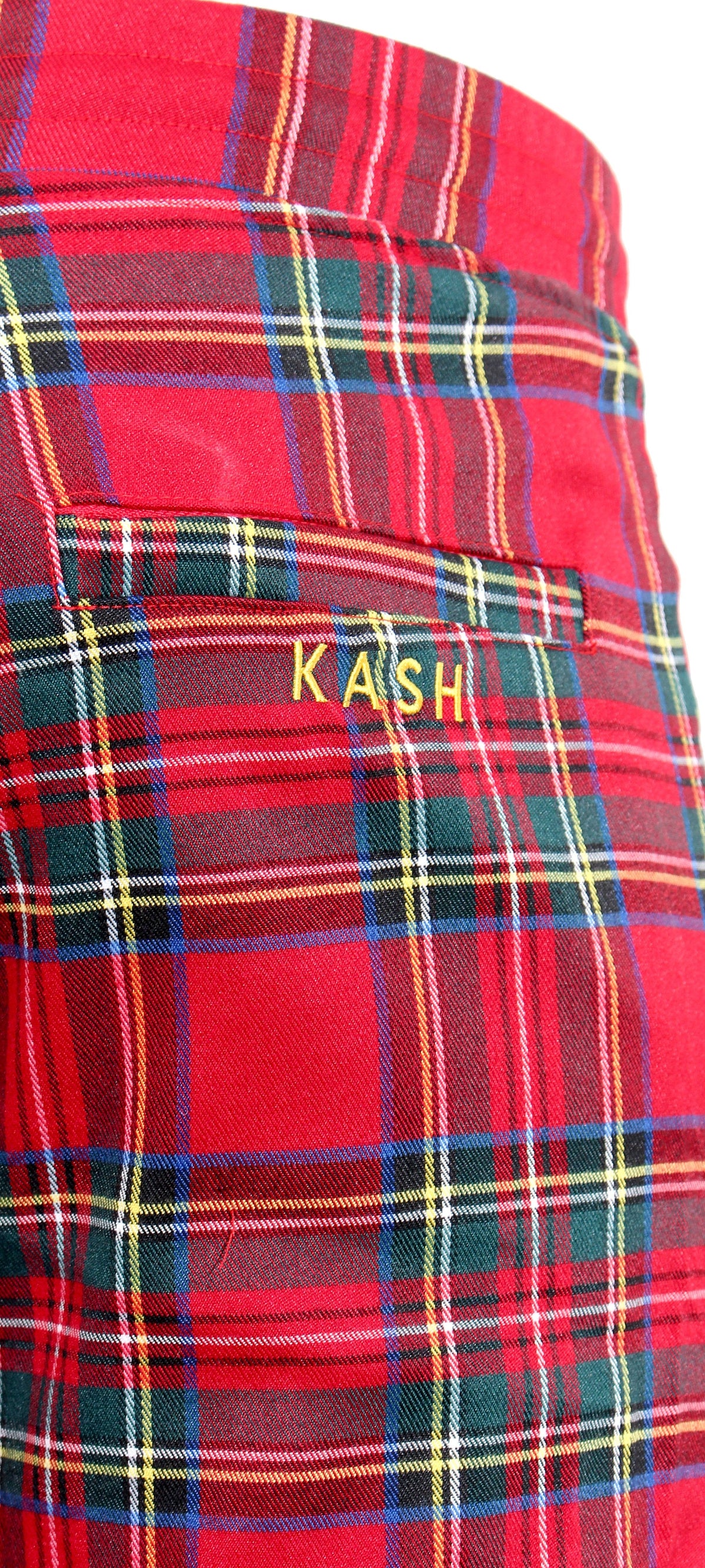 Red Plaid Track Pants with No Stripes &amp; Embroidered &#39;KASH&#39; on Thigh
