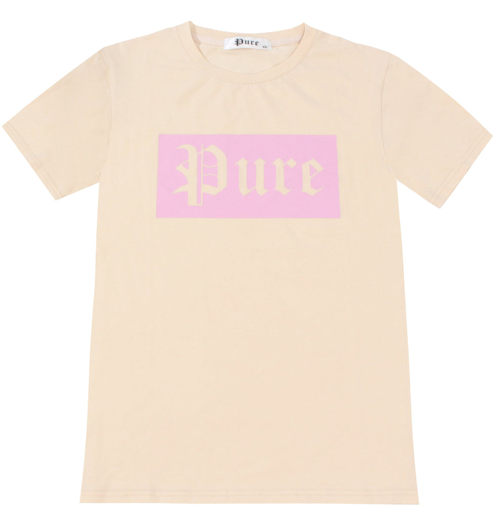 Cream Pure Tee with Pink Block Logo in cream with pink logo – view 1 of 3