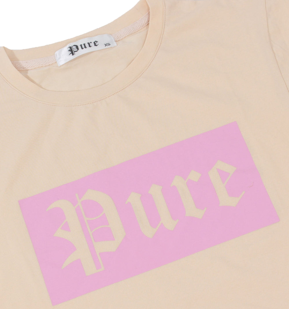 Cream Pure Tee with Pink Block Logo in cream with pink logo – view 2 of 3