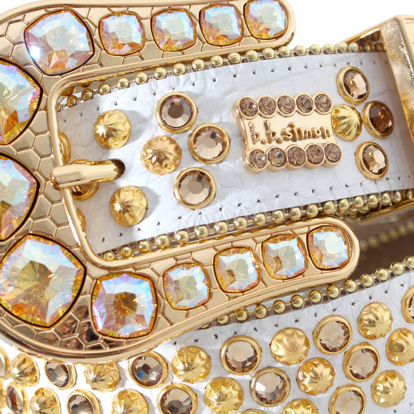 BB Simon Swarovski crystals and white/ brown calf skin belt. Great showy piece, b.b. Simon Bronze Cross Pony Hair Crystal Belt – Dudes Boutique main image 3