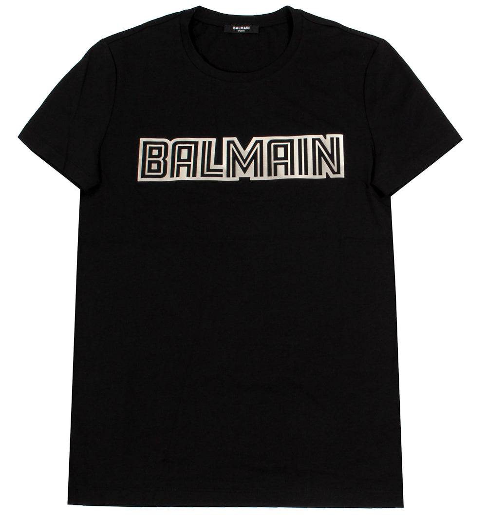Metallic Balmain Embossed T-Shirt in black and silver – view 1 of 3