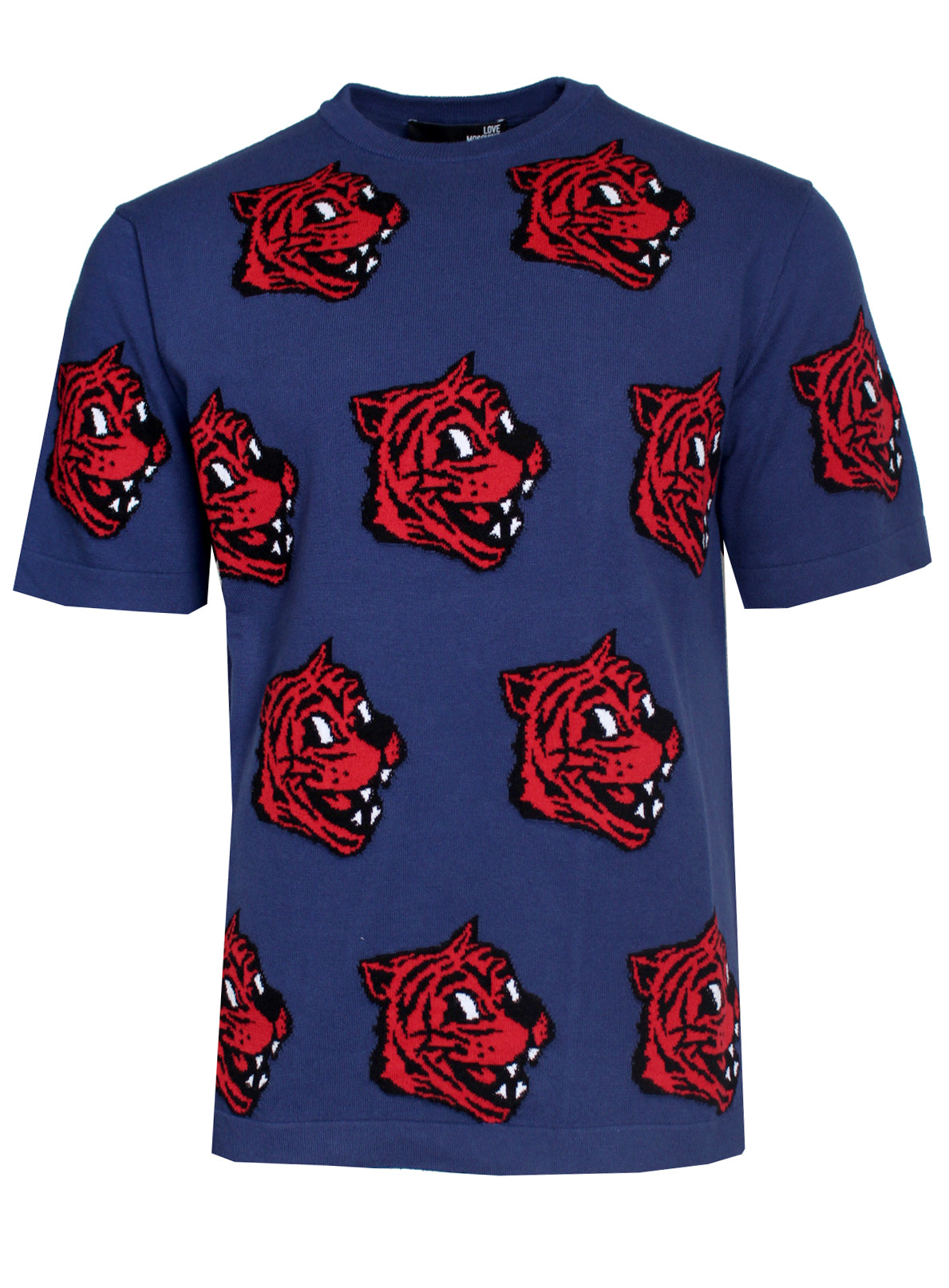 Love Moschino Tiger University Short Sleeve Sweater in blue and red – view 1 of 2