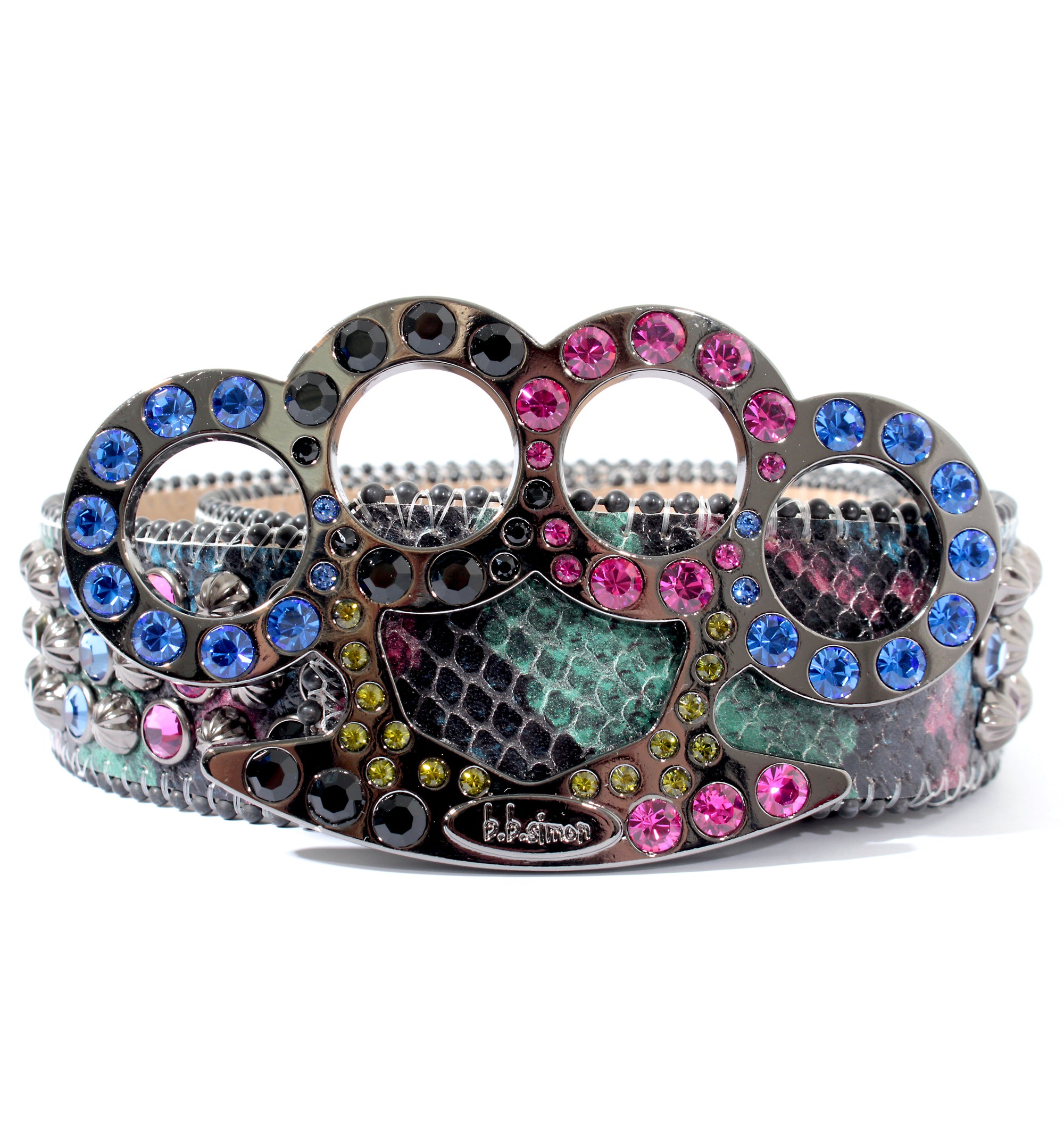 Blue python brass knuckles belt with pink, blue and green crystals