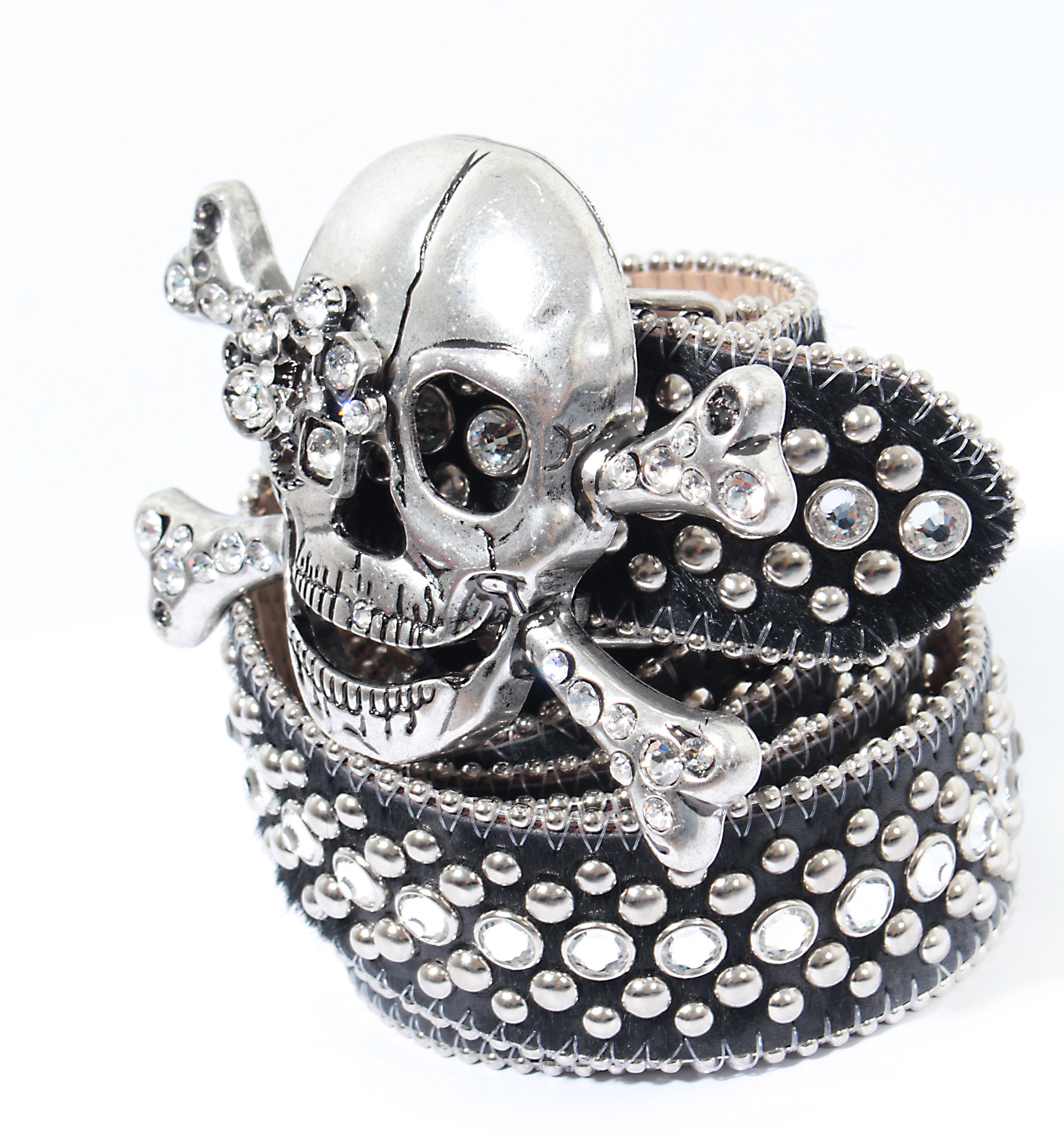 Black belt with clear crystals and silver skull