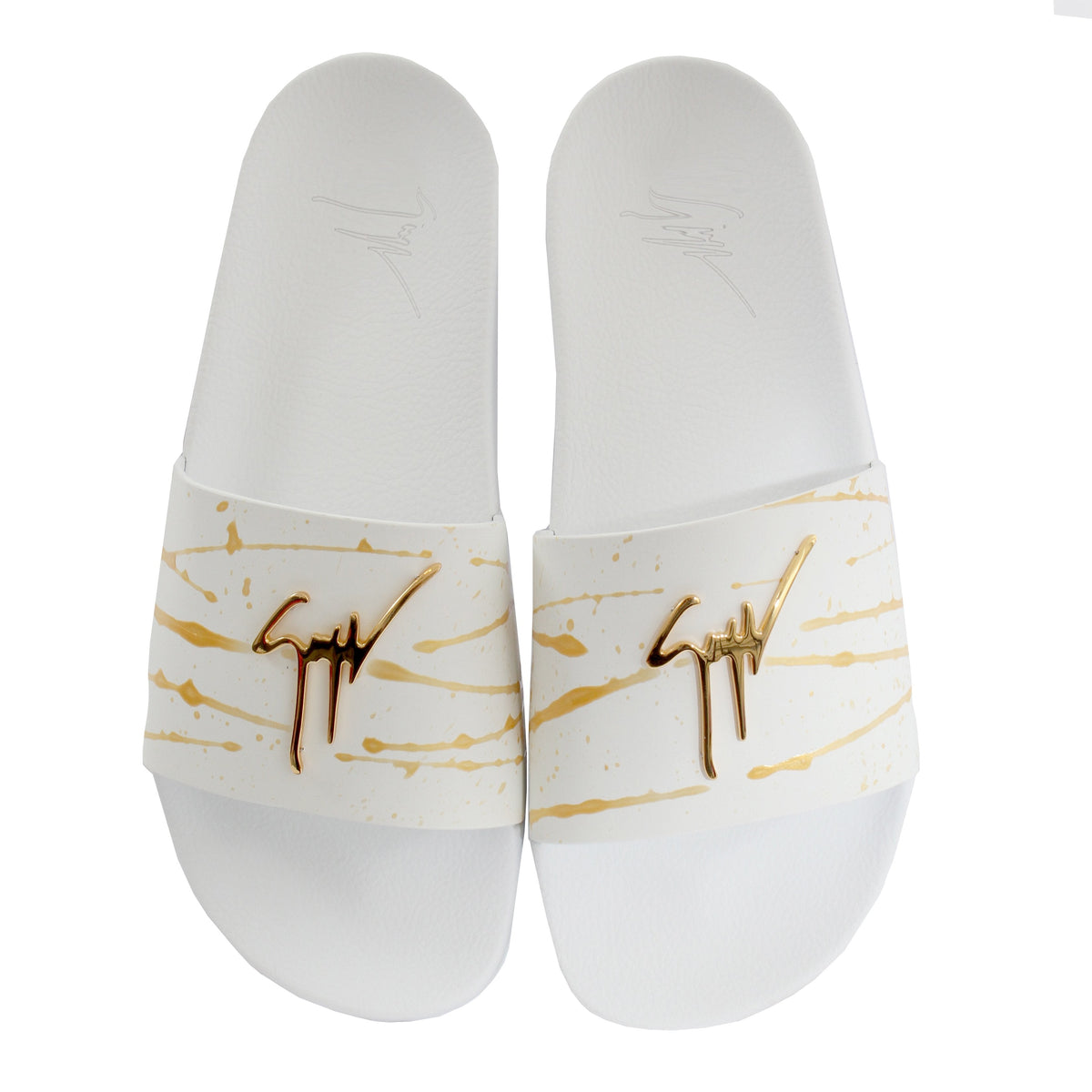 Newburel Paint Splatter Slides - White/Gold