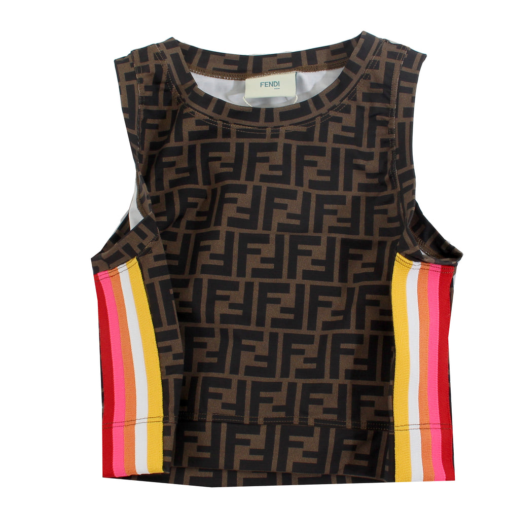 Fendi Girls Allover Print Top With Racer Stripe in brown – view 1 of 1