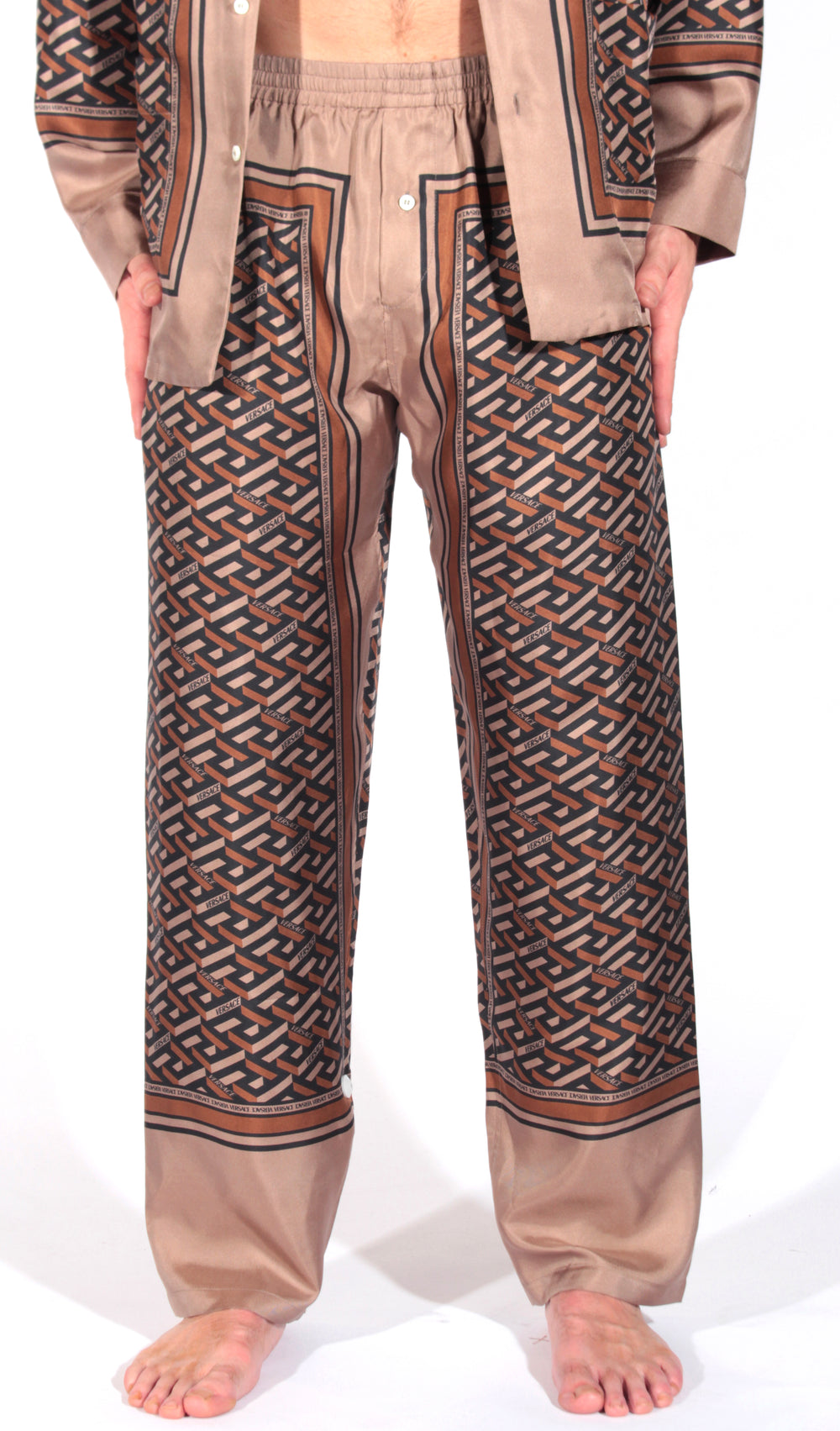 Versace Silk Pajama Bottoms with Allover Print in brown – view 1 of 2