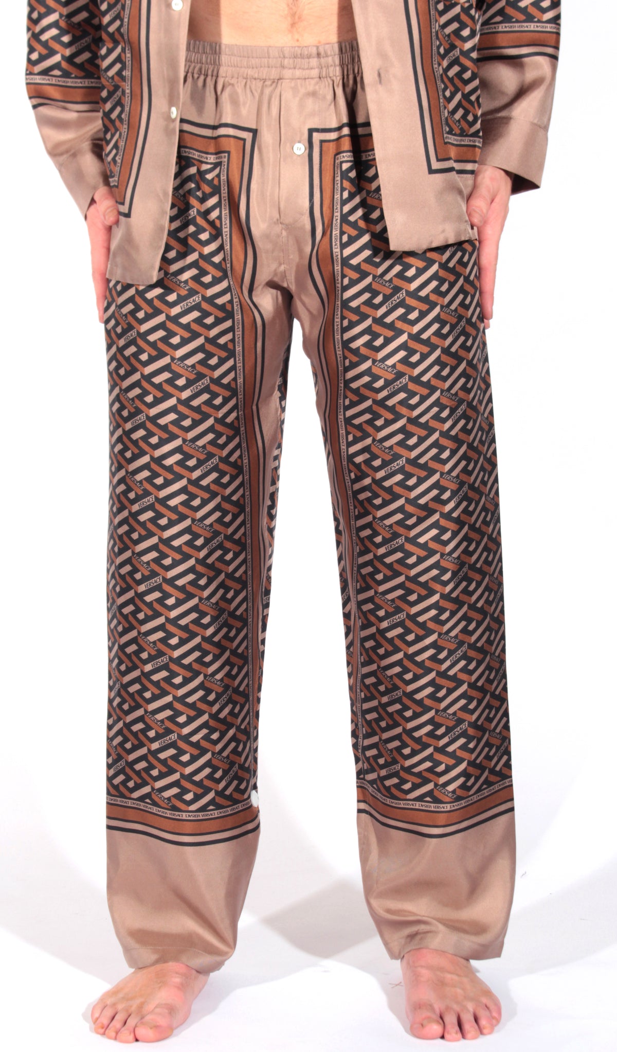 Versace Silk Pajama Bottoms with Allover Print in brown – view 1 of 2