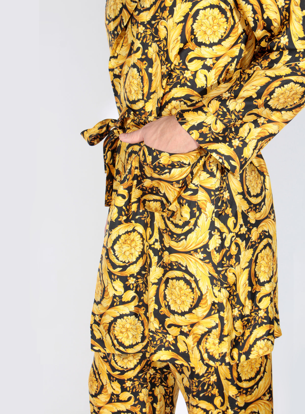 Silk Pajama Bottoms W/ Allover Baroque Print - Black &amp; Gold