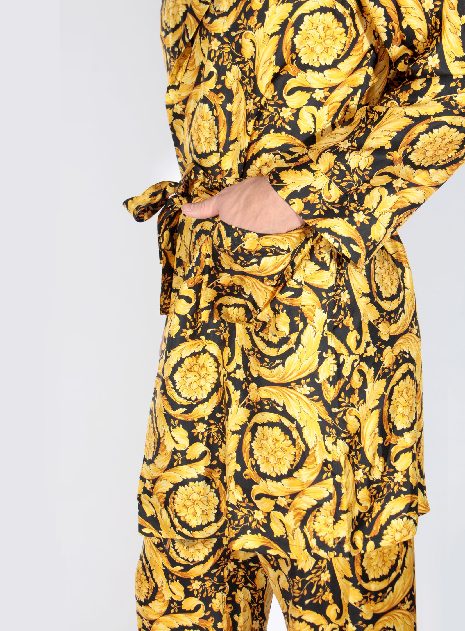 Versace Silk Pajama Bottoms w/ Baroque Print in black and gold – view 4 of 5