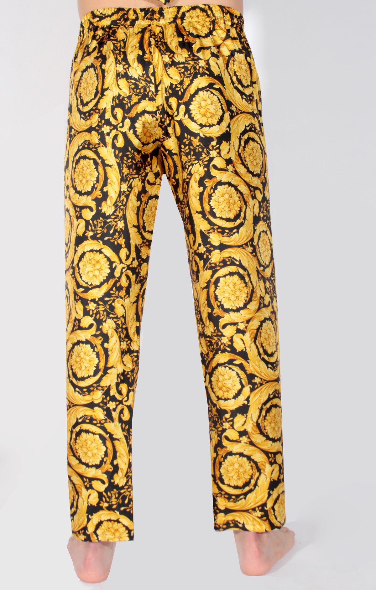 Silk Pajama Bottoms W/ Allover Baroque Print - Black &amp; Gold