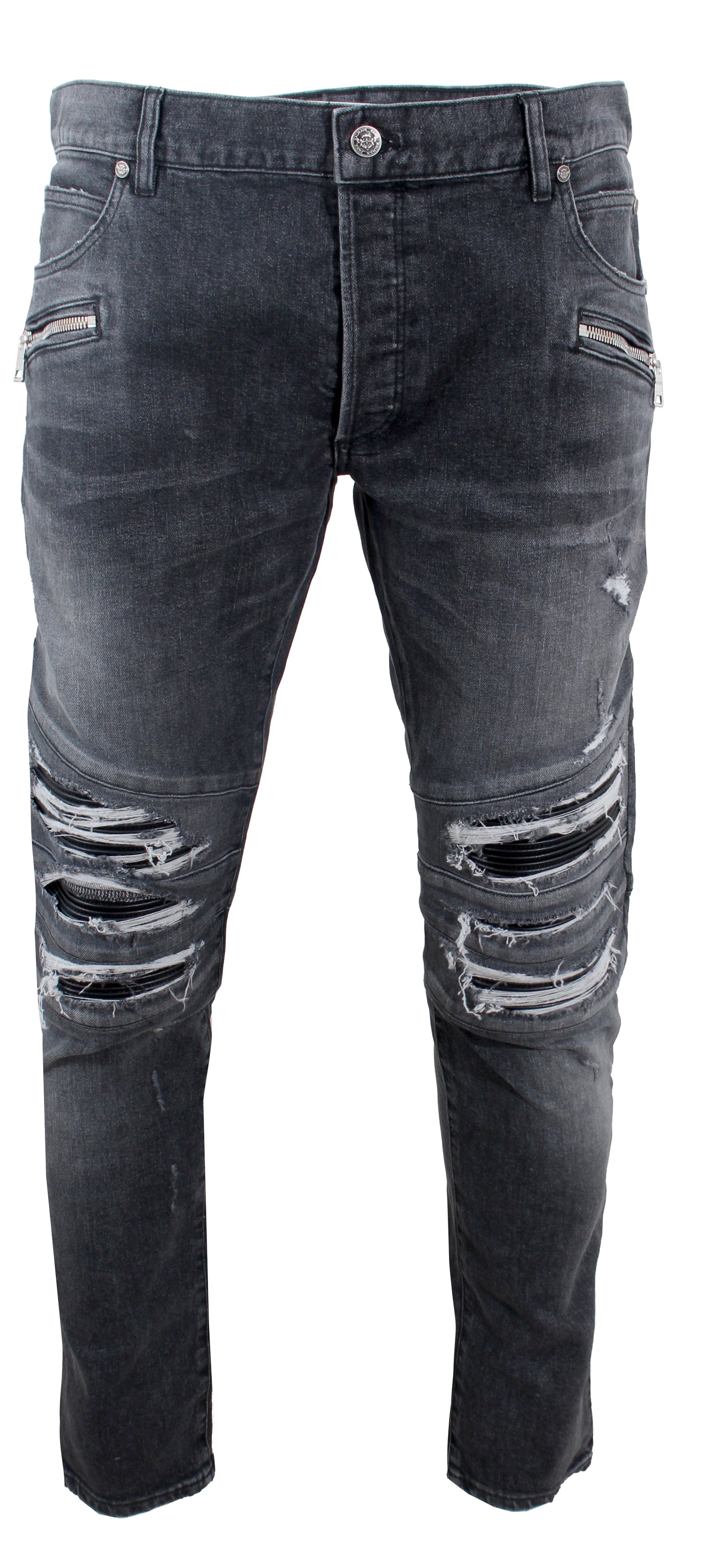 Ribbed Patches Slim Jeans - Destroy Black