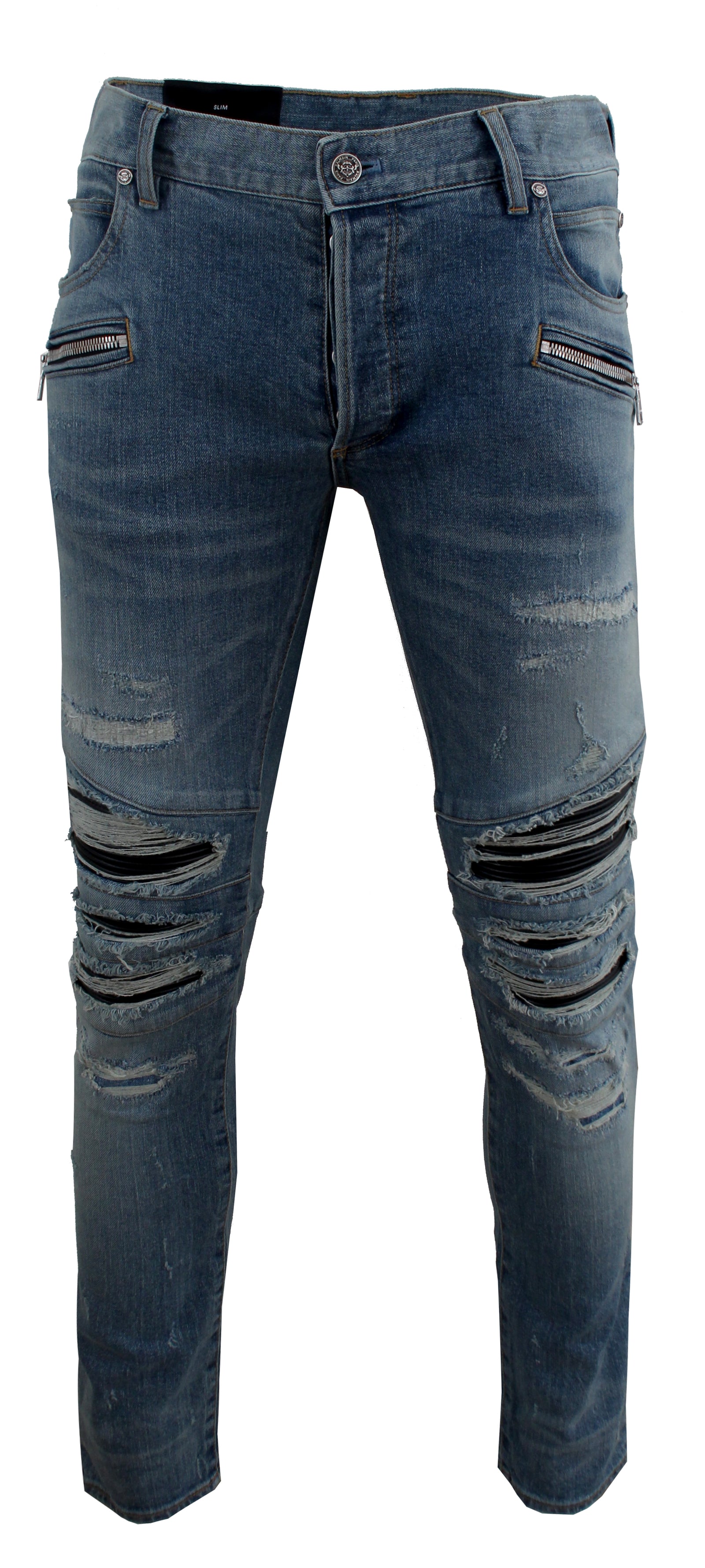 Balmain Ribbed Patches Slim Jeans in Destroy Medium blue – view 1 of 3