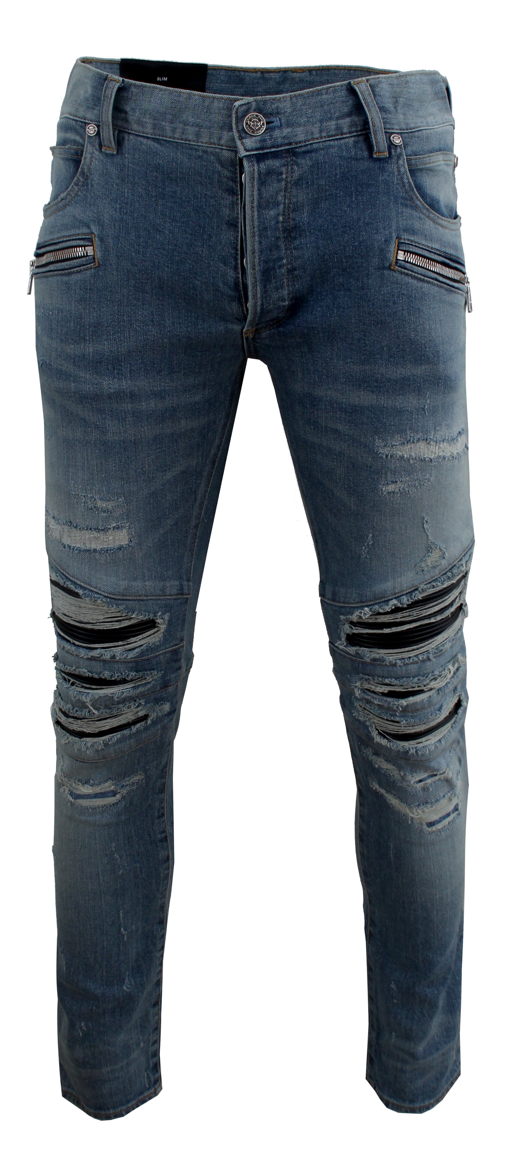 Ribbed Patches Slim Jeans - Destroy Medium