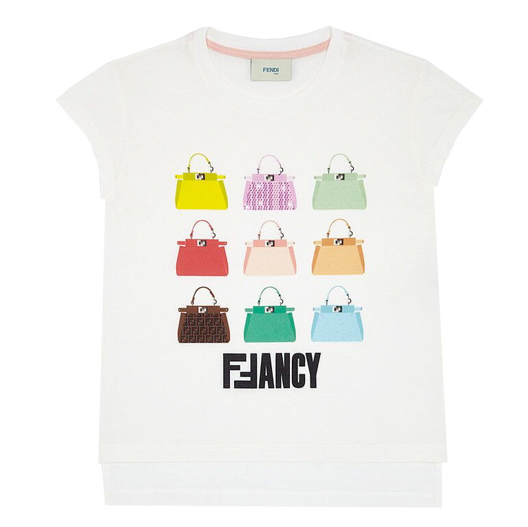 Girls Fendi Short Sleeve Multicolor purses print Tee-White