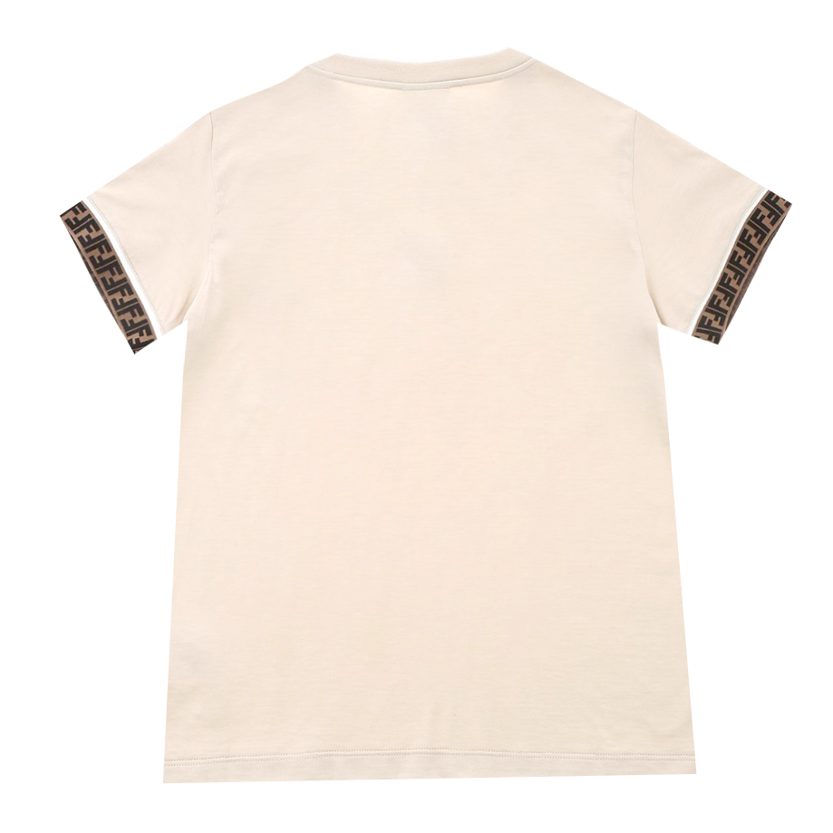 Kids Fendi Short Sleeve Tee with Logo Around Sleeves-Beige