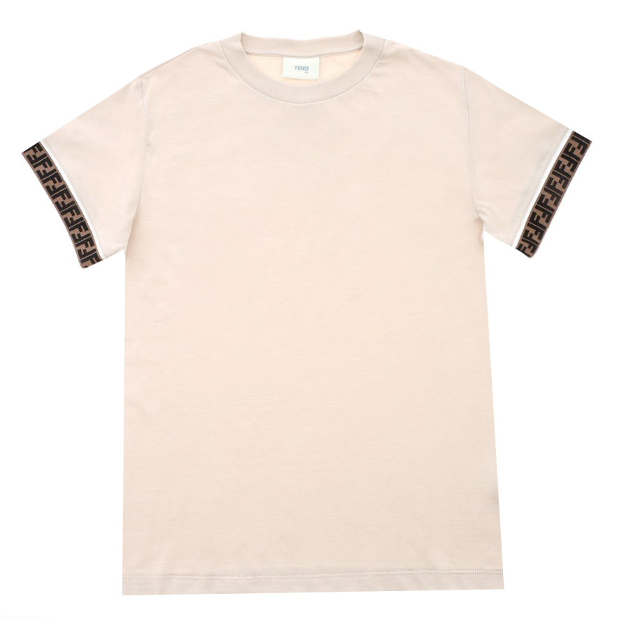 Kids Fendi Short Sleeve Tee with Logo Around Sleeves-Beige
