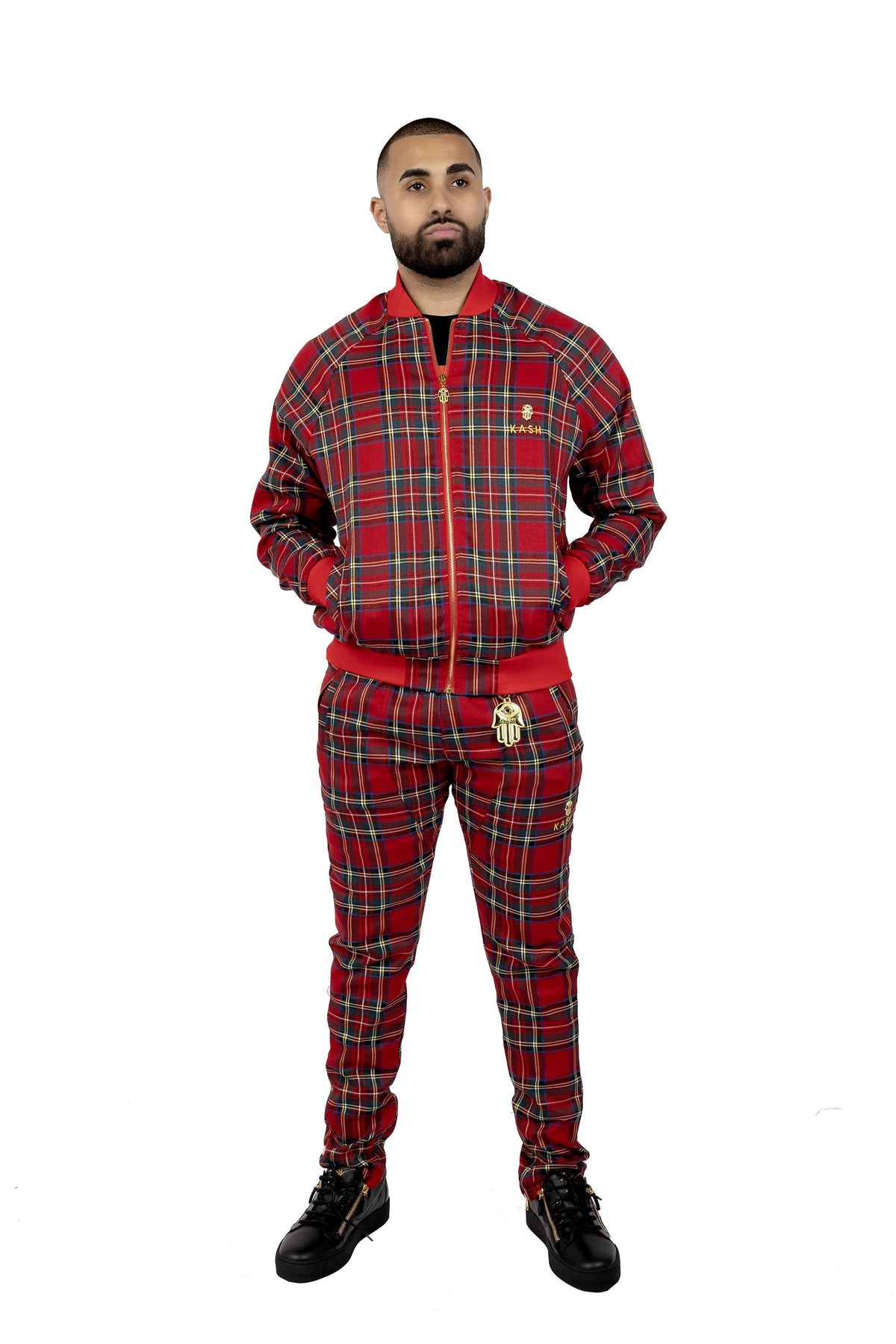 Red Plaid Track Pants with No Stripes &amp; Embroidered &#39;KASH&#39; on Thigh