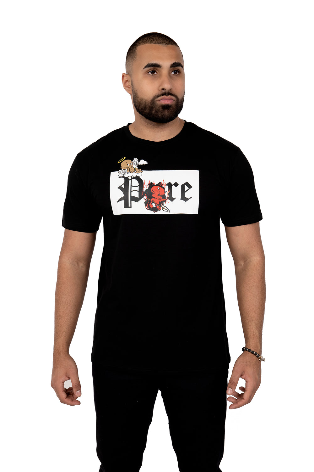 Pure Tee with white block devil and angel graphic in black – view 1 of 5