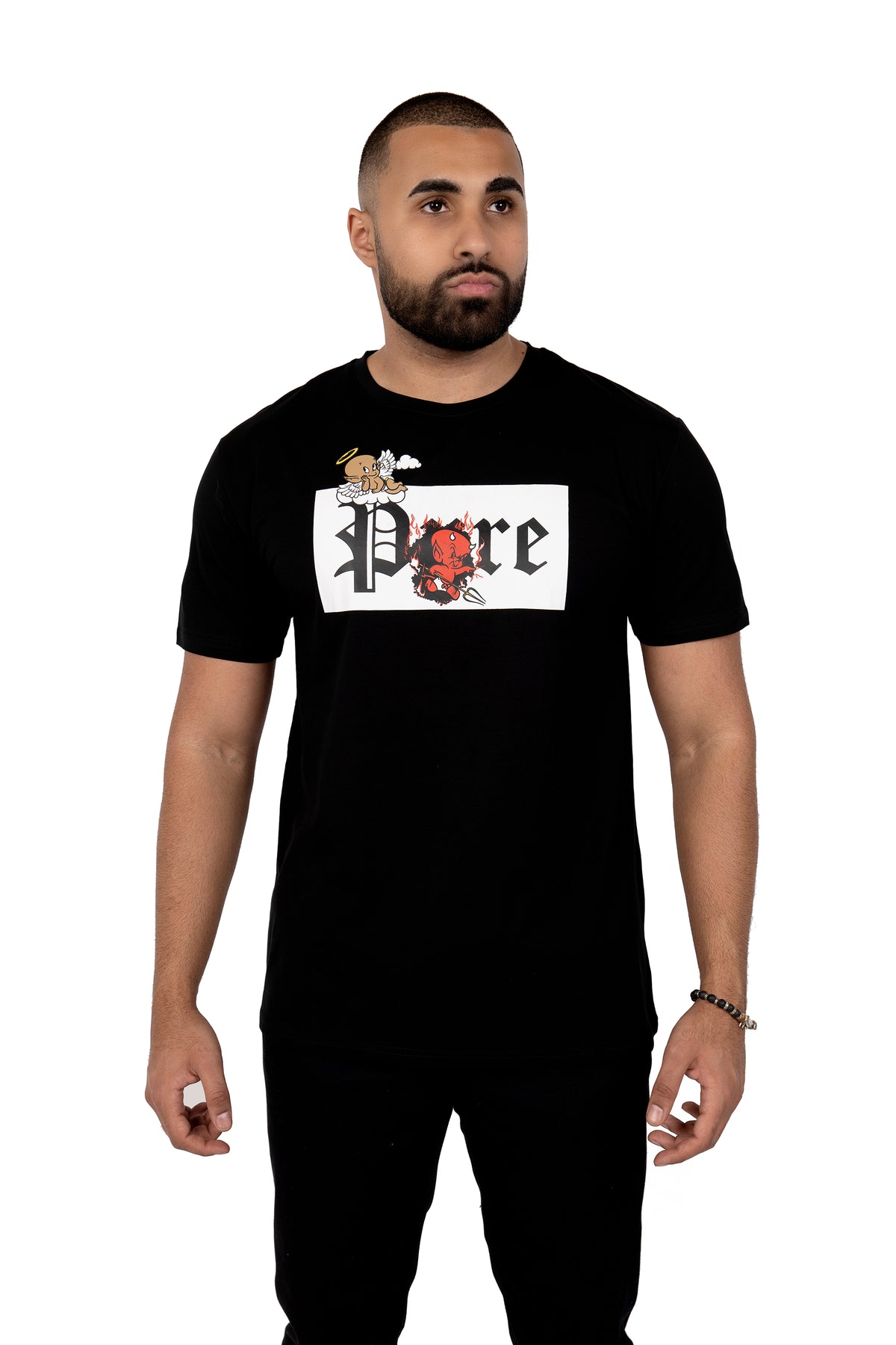 Pure Tee with white block devil and angel graphic in black – view 1 of 5