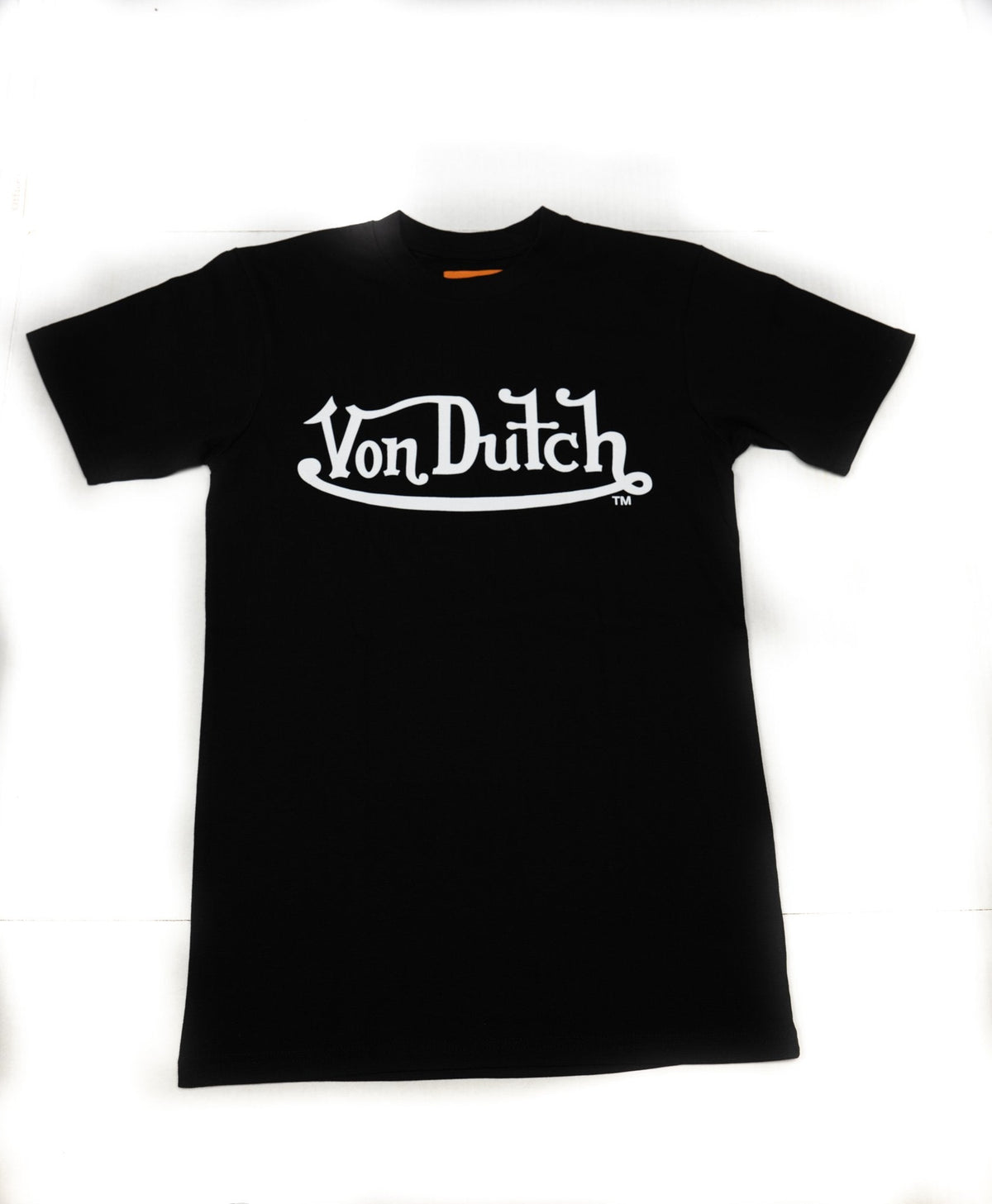 Von Dutch black tee with white Von Dutch script wordmark, front